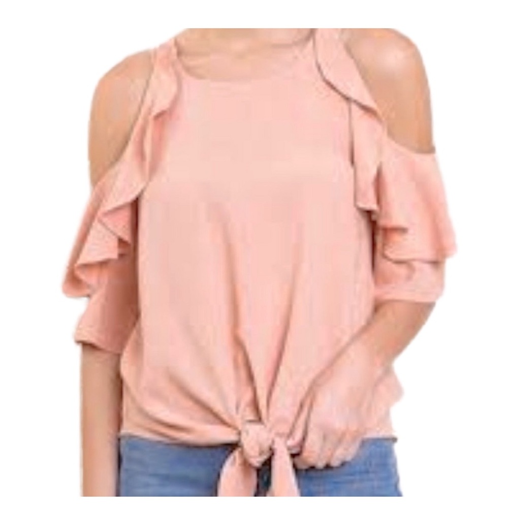 BOUTIQUE ITEM- LINEN BLEND RUFFLE OPEN SHOULDER TOP IN BLUSH/PEACH